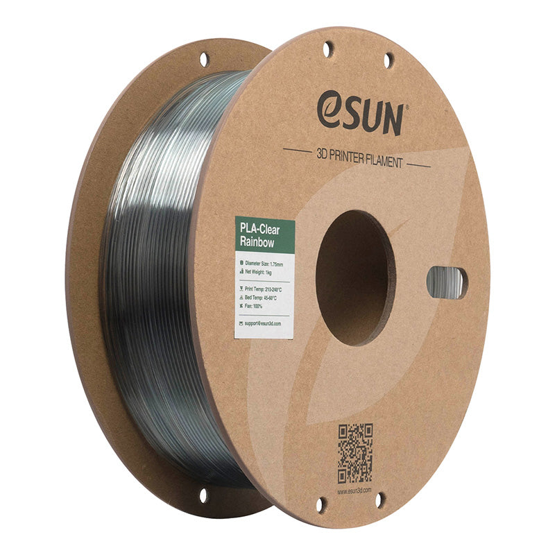 Spool of eSUN translucent Purple Blue Grey PLA-Clear 3D printer filament on a cardboard spool.
