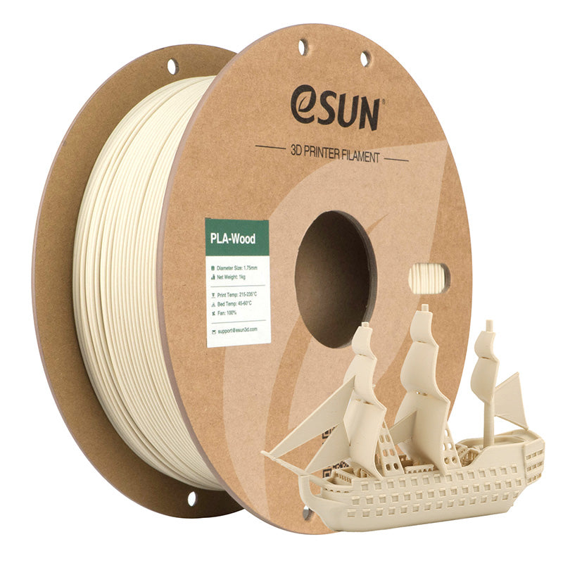 A 1kg spool of eSUN PLA-Wood 3D printer filament in Birch. The filament displays a warm, light tan wood tone with a matte texture.