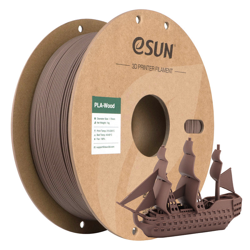 A 1kg spool of eSUN PLA-Wood 3D printer filament in Walnut. The filament showcases a dark, rich chocolate-brown wood tone with a matte surface texture.