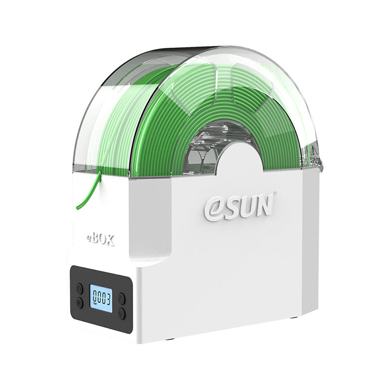 eSUN eBOX Lite 3D printing filament dryer box in white with closed clear lid, containing a spool of green filament.