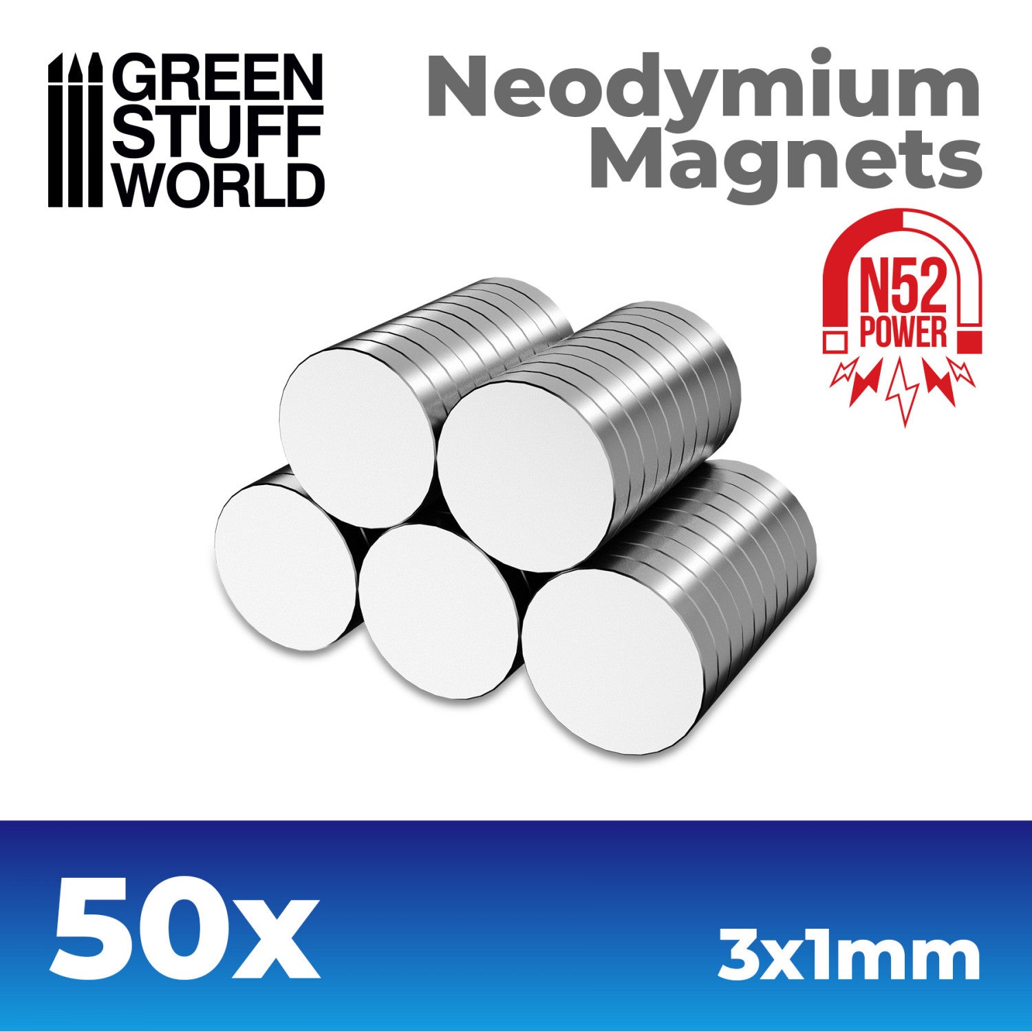 Green Stuff World N52 Neodymium Magnets - 3 x 1 mm (50-Pack)