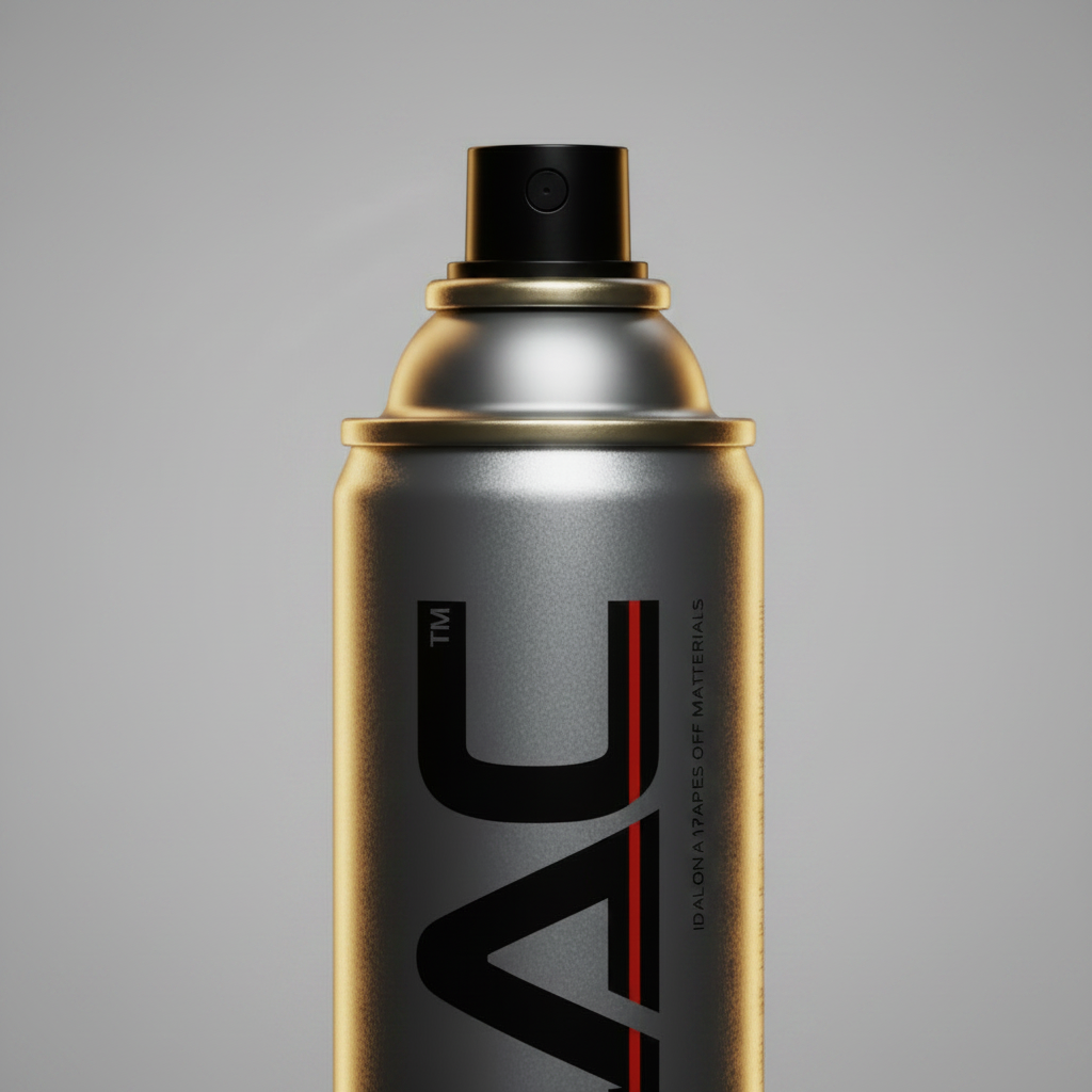 Close-up of 3DLAC adhesive spray nozzle and valve, 400ml aerosol can for 3D printer bed adhesion