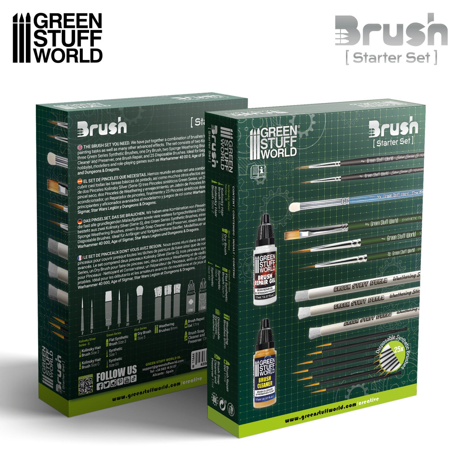 Brush Starter Set by Green Stuff World, showing two product boxes with illustrations of included brushes, bottles, and tools on a white background.