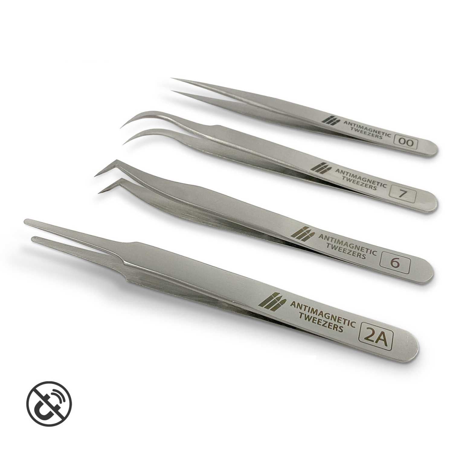 Set of four antimagnetic tweezers on a white background