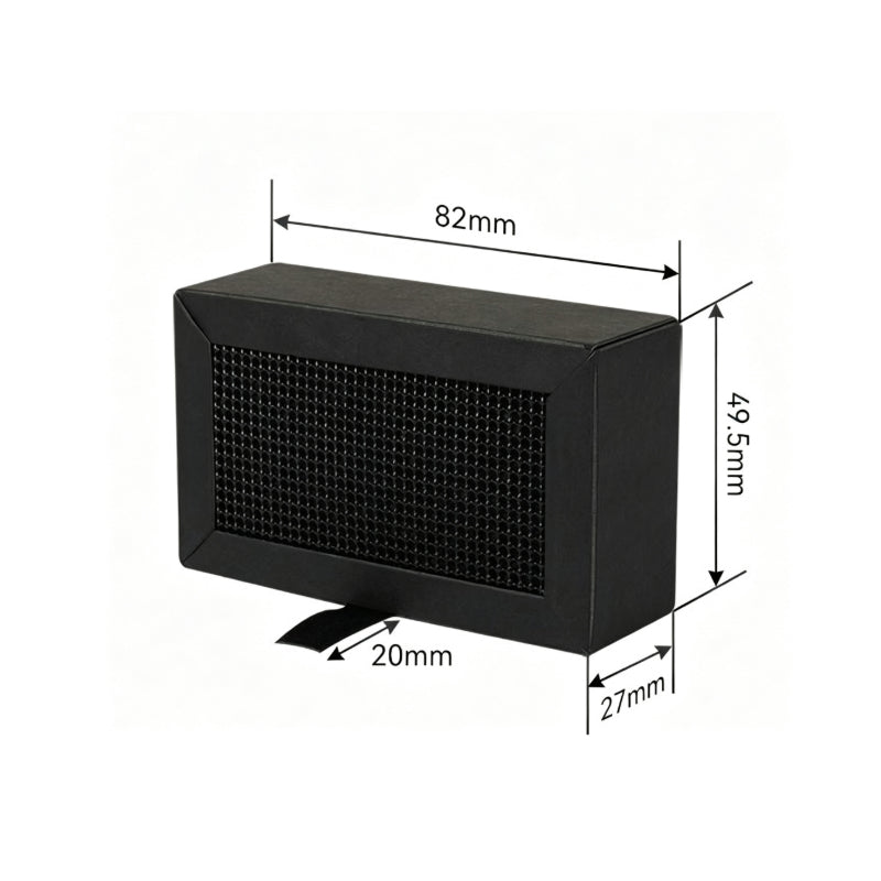 Technical size dimensions diagram showing 82mm length, 49.5mm height, and 29mm depth for Bambu Lab carbon filter