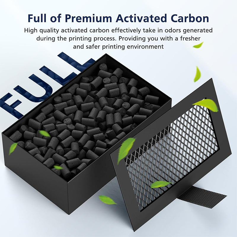 Cutaway diagram showing high-density activated carbon pellets inside Bambu Lab air filter enclosure