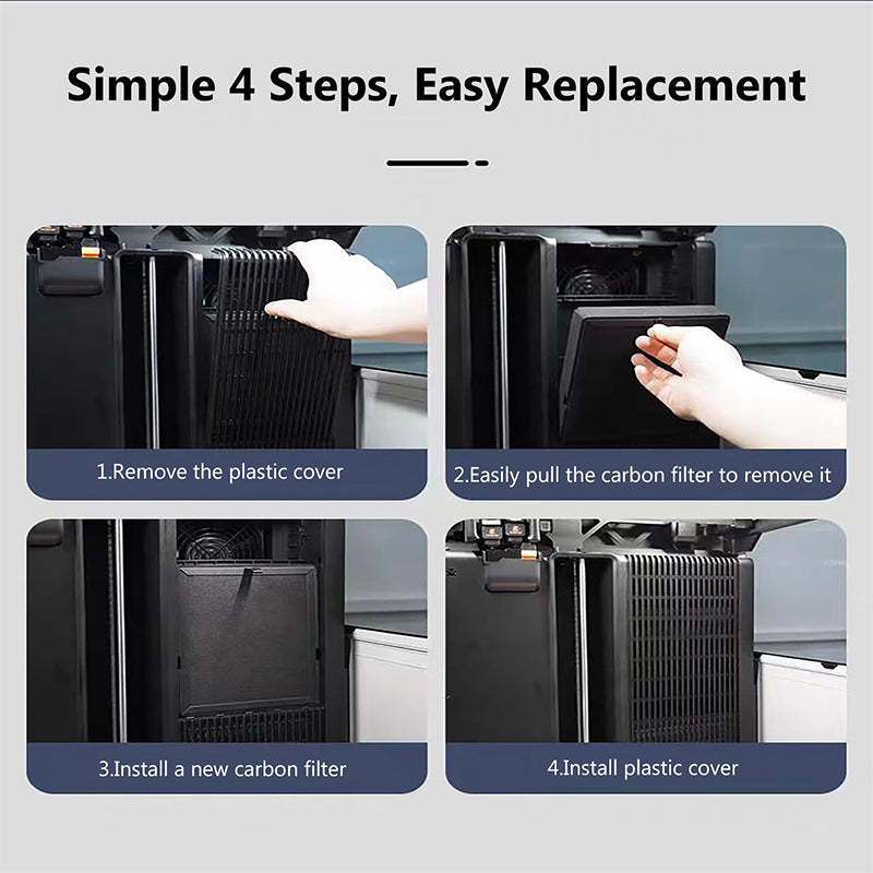 Simple 4-step installation guide showing how to replace carbon filter in Bambu Lab 3D printer
