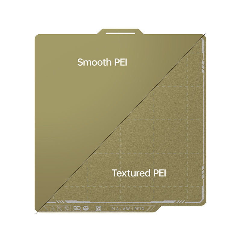 BIQU double-sided spring steel build plate showing smooth PEI and textured PEI finishes for Bambu Lab