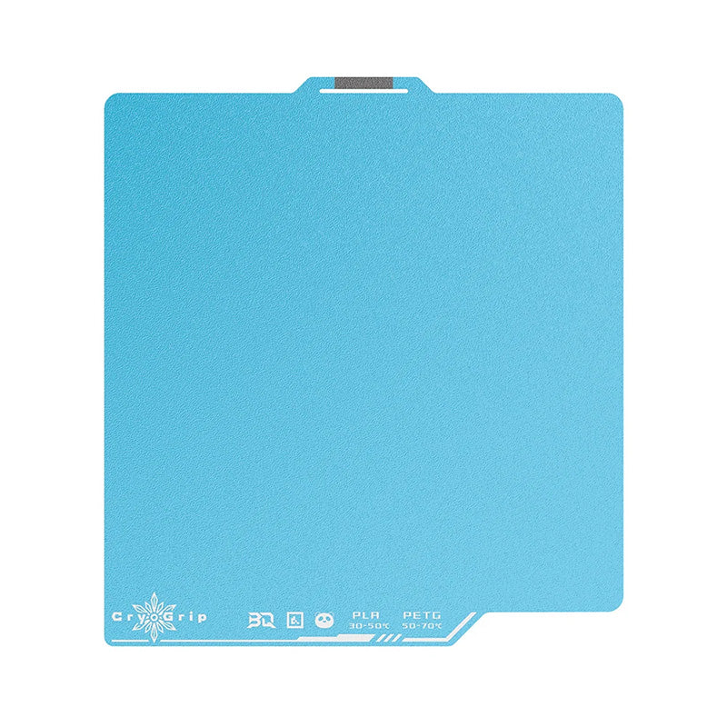 Front view of the BIQU Panda CryoGrip Pro Frostbite build plate in ice blue for Bambu Lab 3D printers.