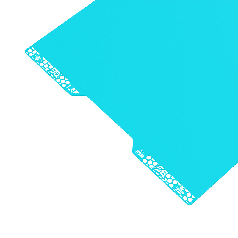 Detailed corner view of the BIQU CryoGrip Pro Glacier build plate displaying the precision alignment tabs and nozzle wiping notch.