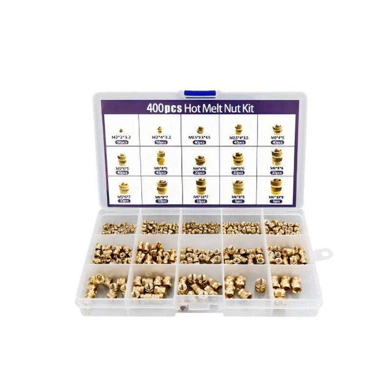 Open transparent compartment box filled with 400 pieces of assorted metric brass heat-set inserts