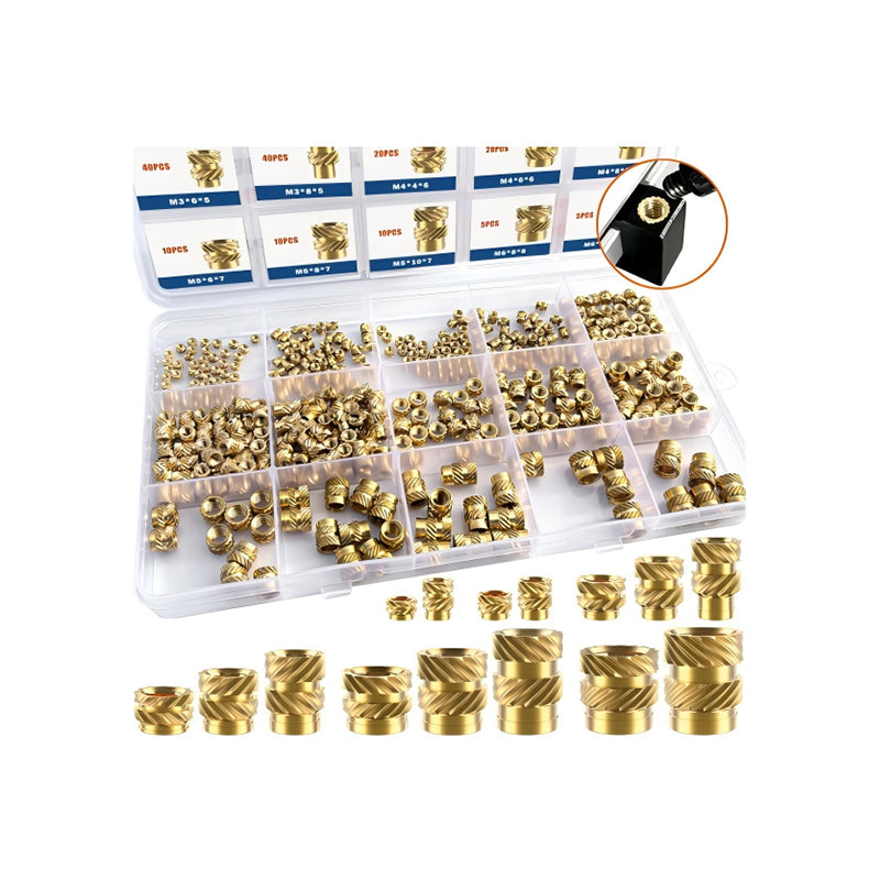 400 pieces brass hot melt threaded inserts stored in transparent plastic compartment case