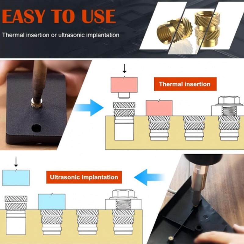 Easy to use installation diagram showing heat-set insert being melted into plastic hole with soldering iron
