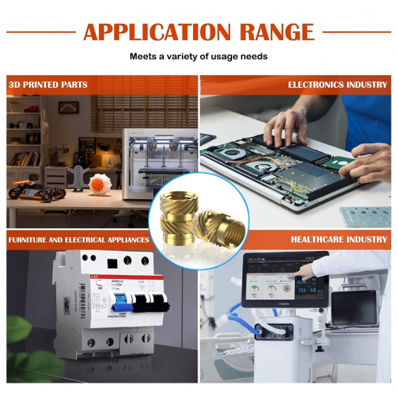 Application range examples showing heat-set inserts used in electrical boxes and electronic circuit boards