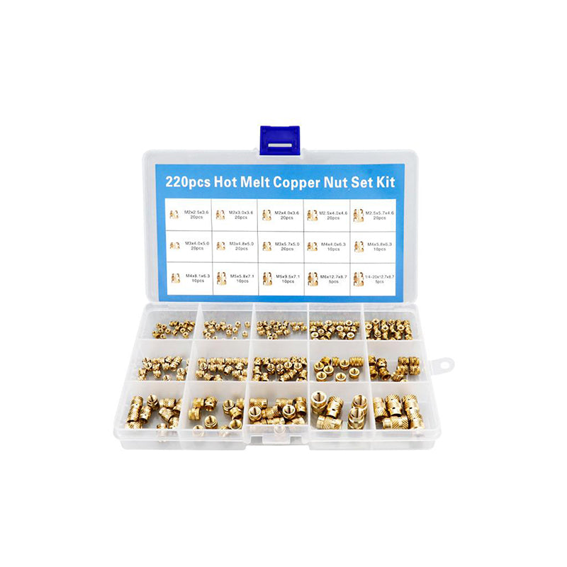 Open transparent compartment box displaying 220 pieces of assorted brass heat-set threaded inserts