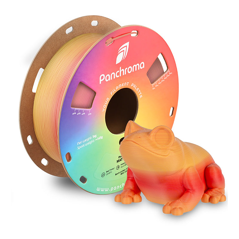 Polymaker Panchroma PLA Matte Gradient Fall 1.75mm filament spool with 3D printed orange to red frog model