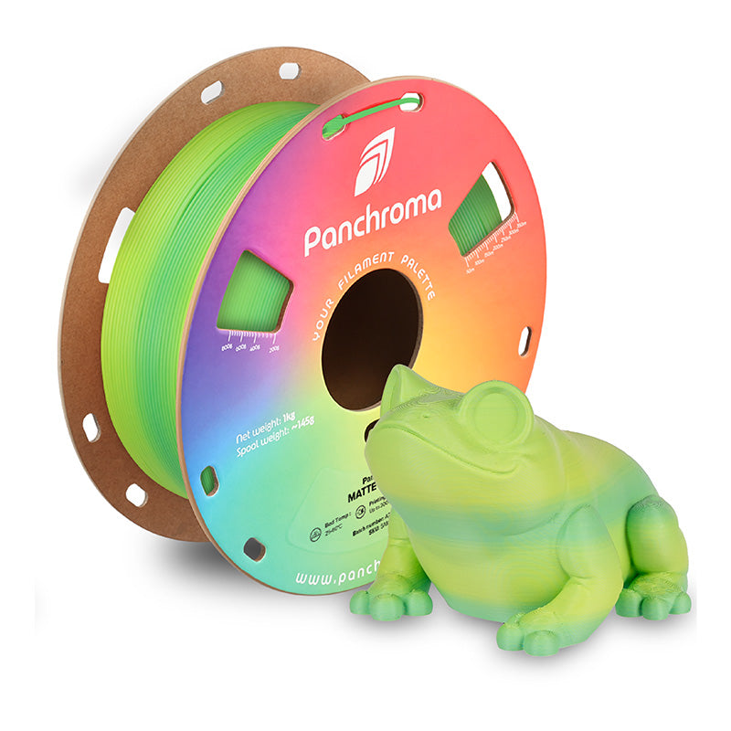 Polymaker Panchroma PLA Matte Gradient Summer 1.75mm filament spool with 3D printed green to yellow frog model