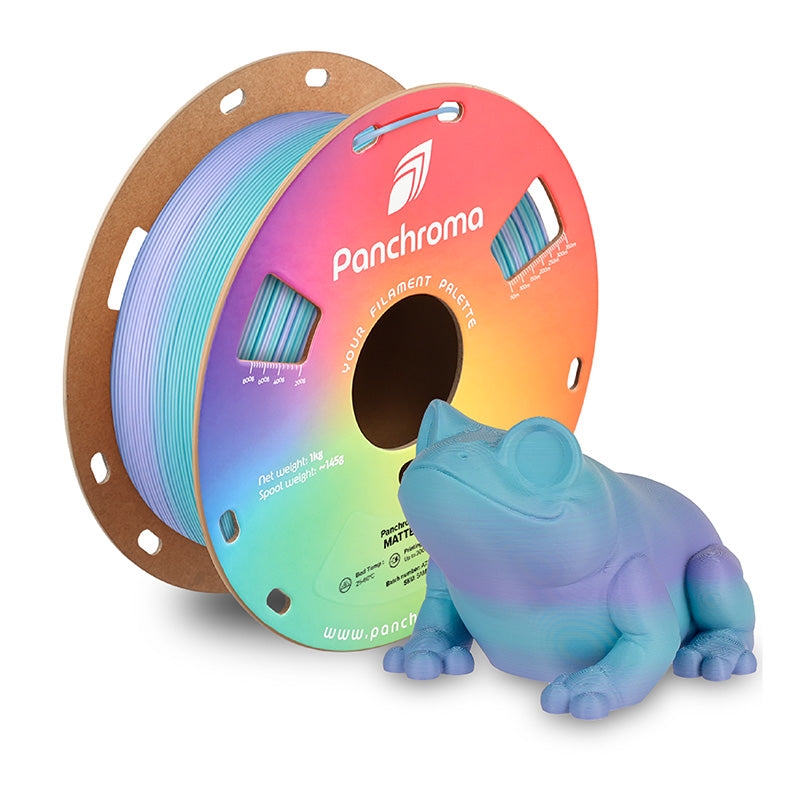 Polymaker Panchroma PLA Matte Gradient Winter 1.75mm filament spool with 3D printed blue to purple frog model