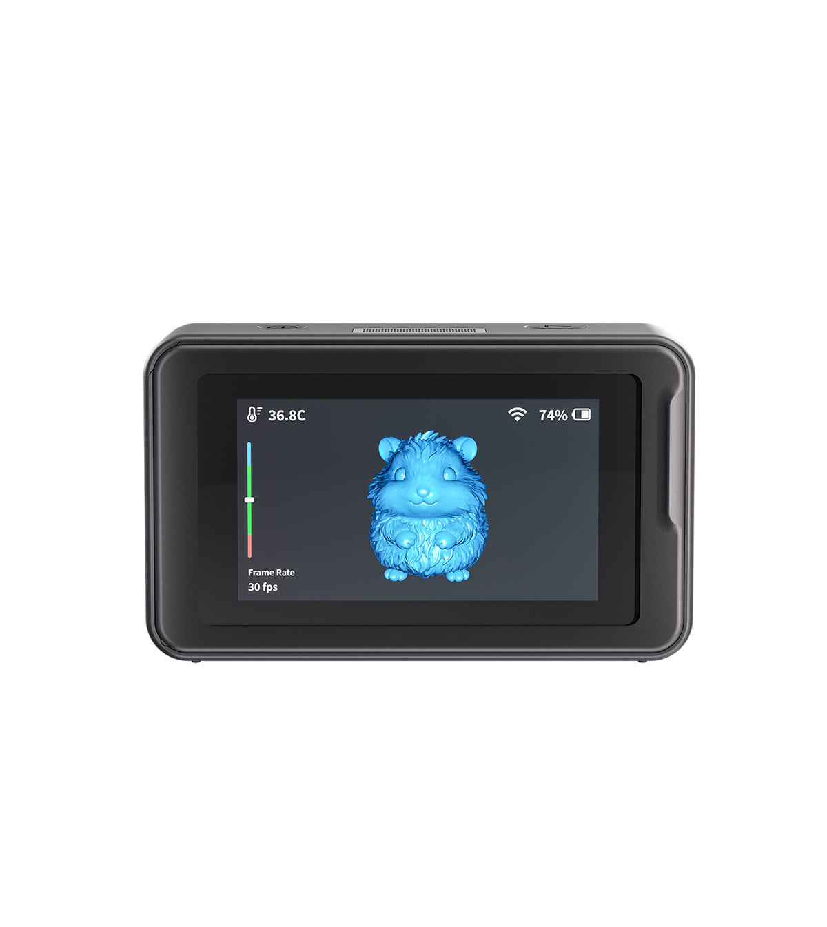 Creality Pika 3D scanner back view displaying the 3-inch built-in color touchscreen with active 3D model preview.