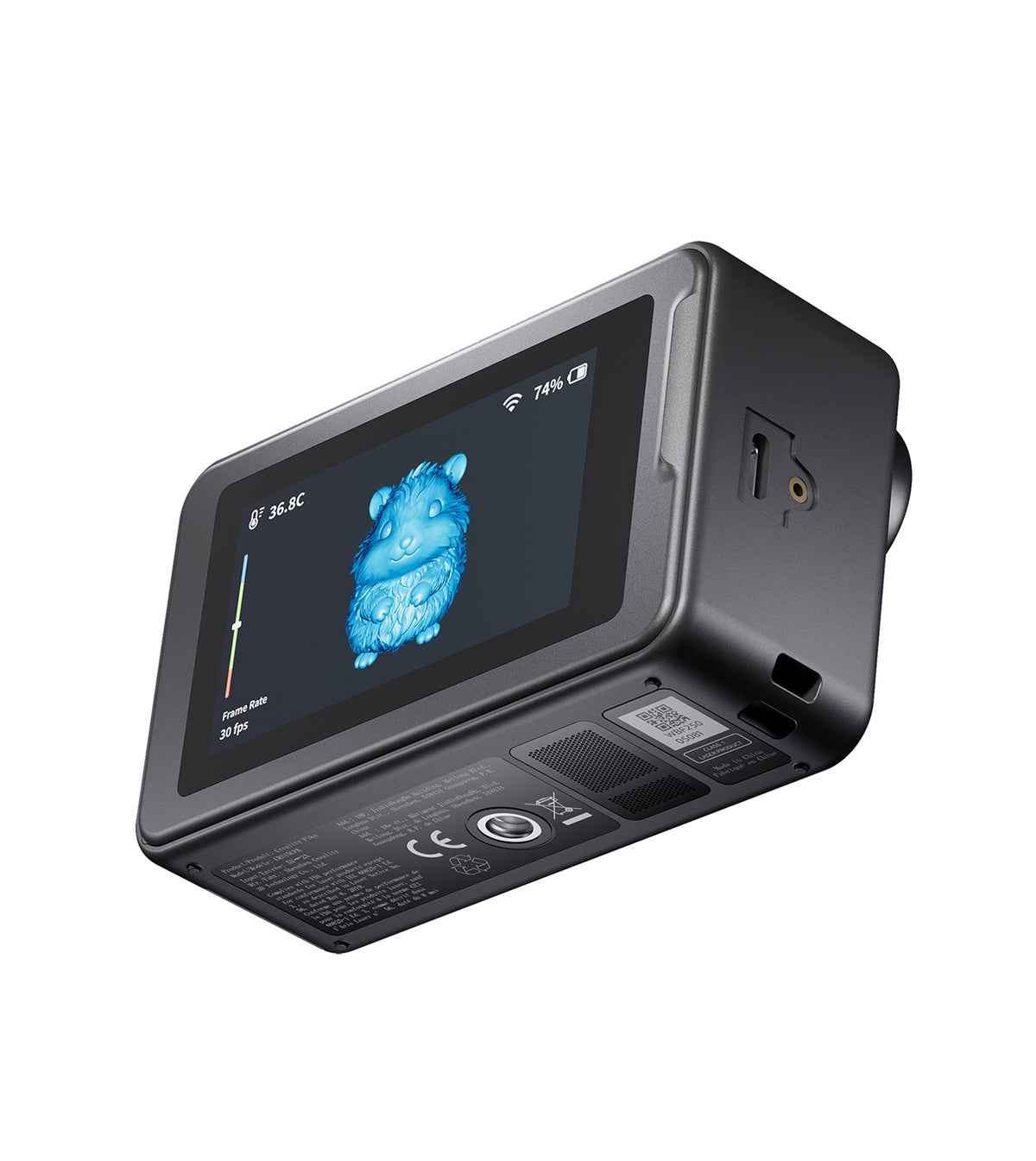 Angled view of the compact Creality Pika handheld 3D scanner showing top power button and side port design.