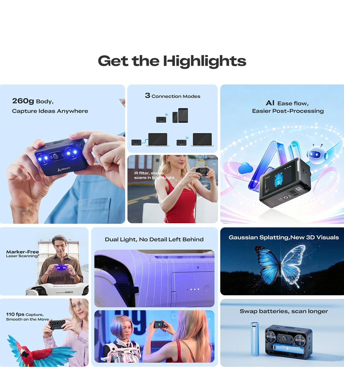 Infographic showing Creality Pika features including standalone scanning, fast frame rate, and dual light sources.