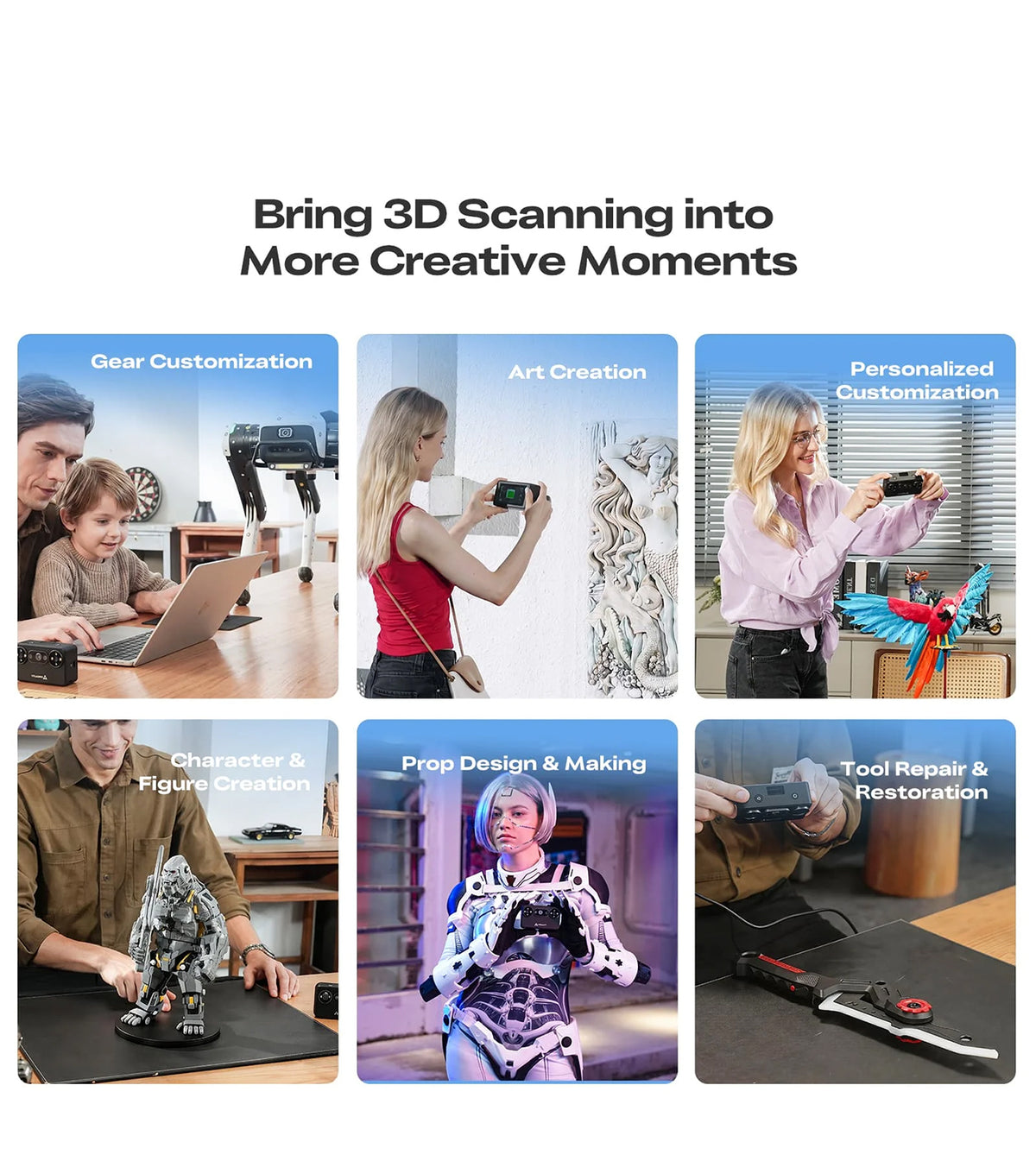 Creality Pika application examples including reverse engineering, 3D printing, AR VR asset creation, and art digitization.