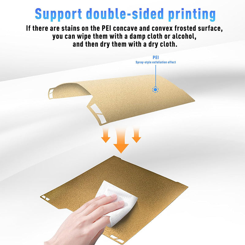 Support double-sided printing diagram showing wiping PEI surface with alcohol cloth