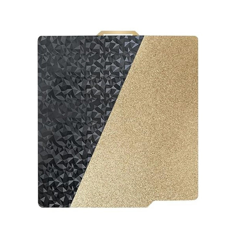 Double-sided build plate showing smooth mosaic PEO and gold textured PEI for Bambu Lab