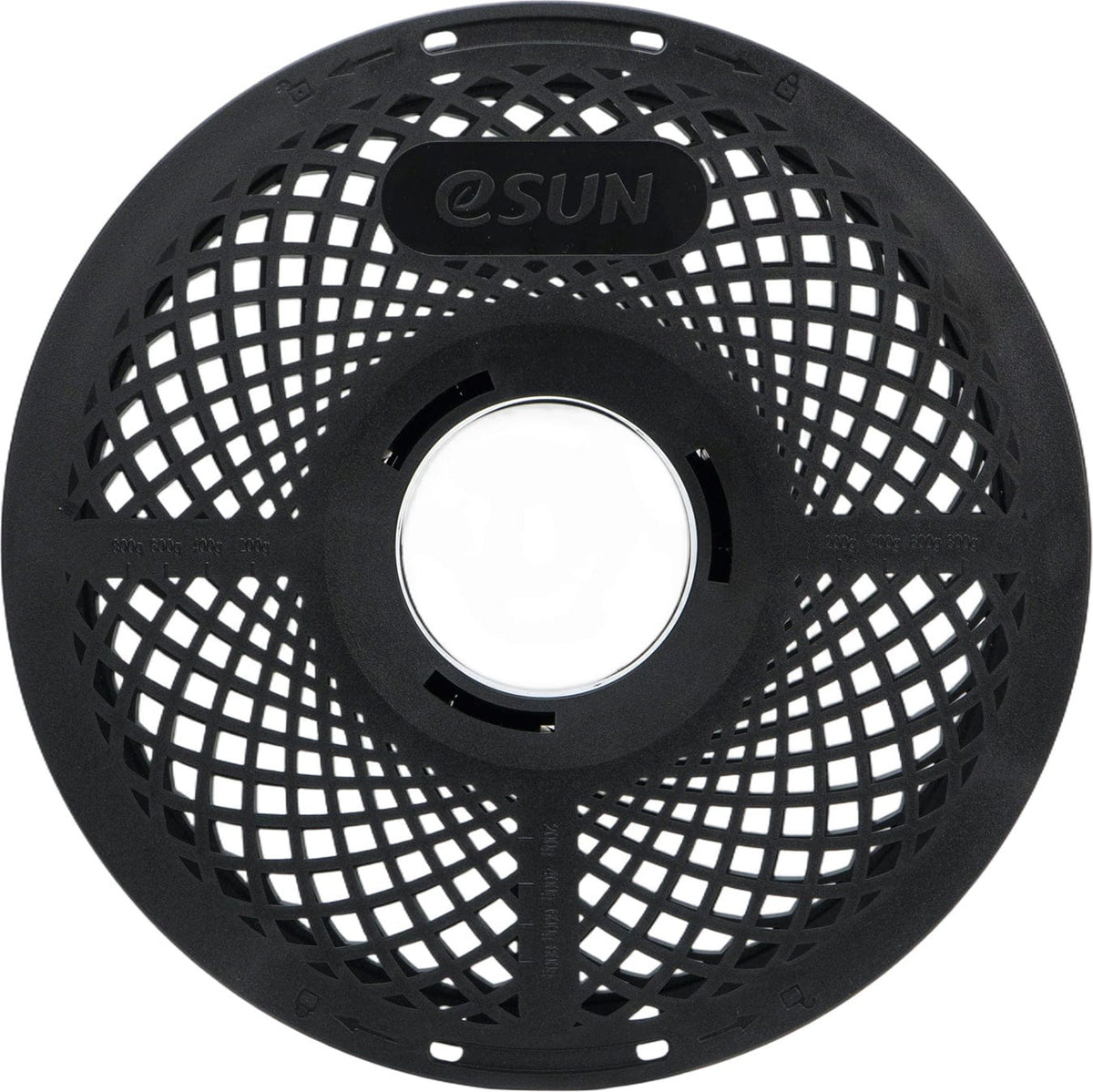 Direct side profile of the eSUN eSpool+ 2.0 showing the eSUN logo, hollow drying windows, and outer rim features.