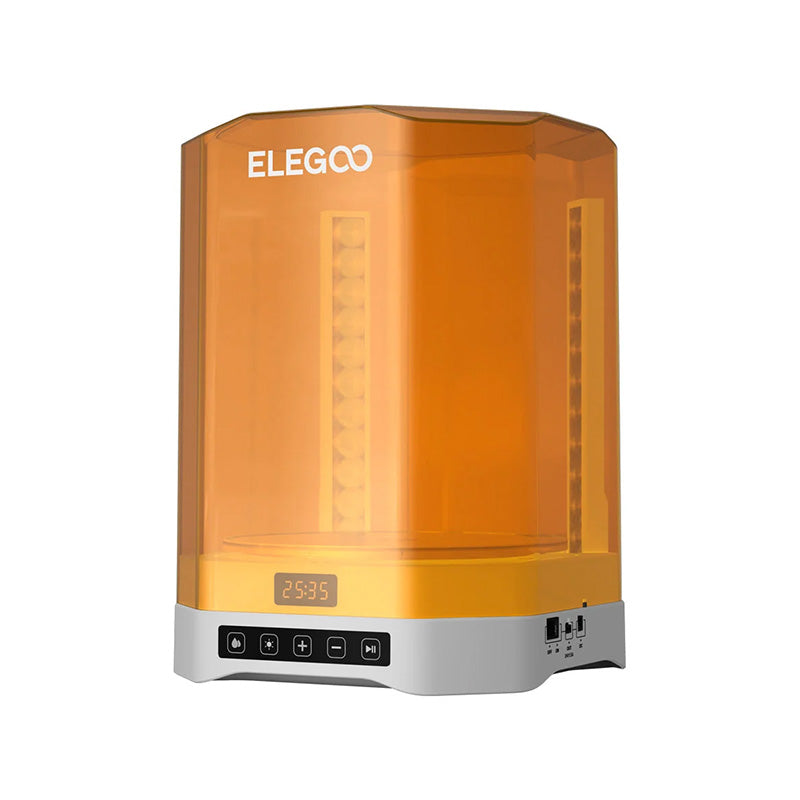 A three-quarter front view from the right of the Elegoo Mercury Plus V3.0 Wash & Cure station. The orange anti-UV cover is sealed on the light gray base. The touch control panel and timer display (25:35) are visible on the front, and the power input and side connection ports are visible on the lower right side.