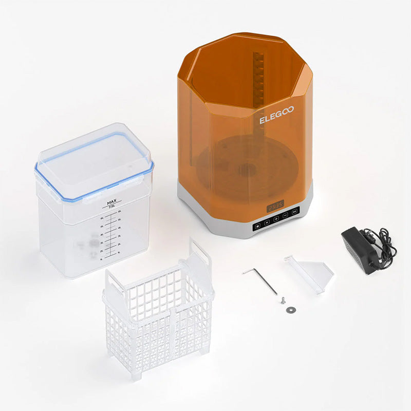 Top-down 'What's in the Box' overview for the Elegoo Mercury Plus V3.0. Laid out are the main machine base with the orange cover (displaying 25:35), the 7.5L wash bucket, the removable wash basket, the build plate suspension bracket, a hex key and screw, and the power adapter.