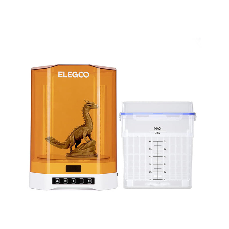Elegoo 3D printer resin curing machine with an amber-orange transparent chamber showing a printed dragon, alongside a clear plastic resin tray holder container on a white background.