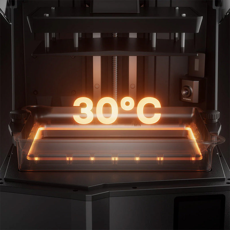 Elegoo Saturn 4 Ultra 16K – close-up of heated resin vat showing 30°C chamber temperature
