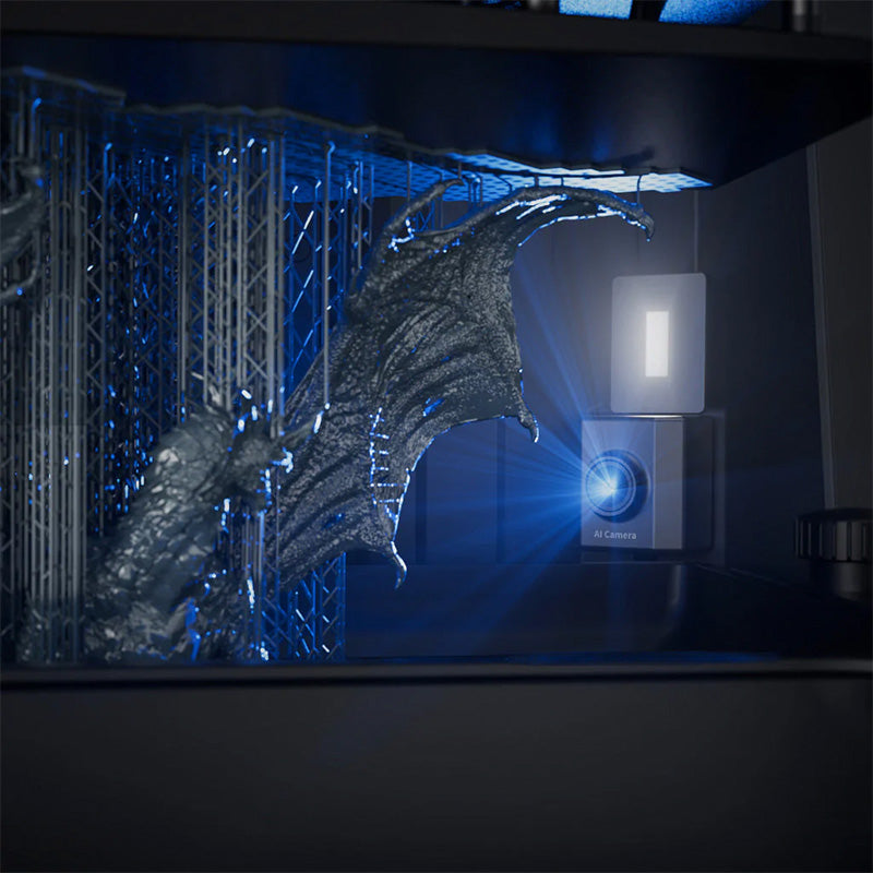 Elegoo Saturn 4 Ultra 16K – interior view showing detailed dragon resin print and built-in AI camera