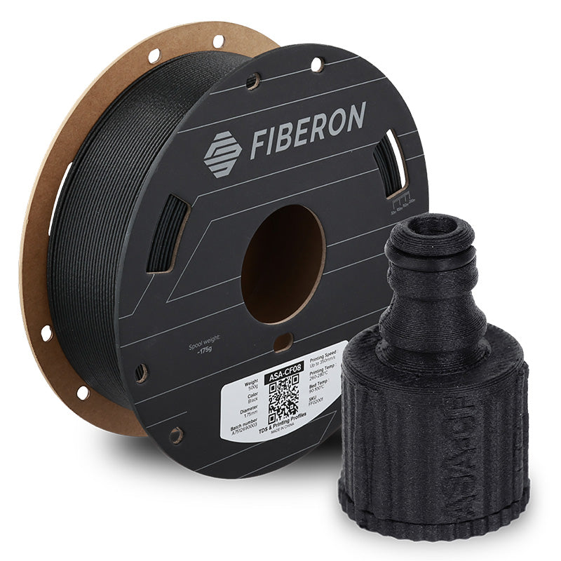Spool of black 3D printing filament and a printed component on a white background, with 'FIBERON' branding.