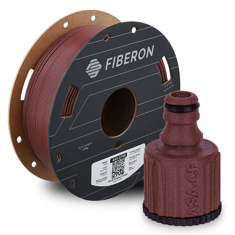 Spool of Fiberon 3D printing filament and a printed object on a white background
