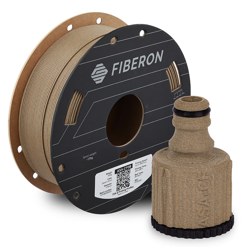Spool of Fiberon 3D printing filament with a printed object on a white background