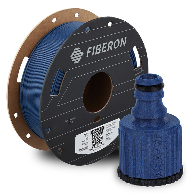Spool of blue 3D printing filament and a blue 3D printed object on a white background, with 'FIBERON' branding.