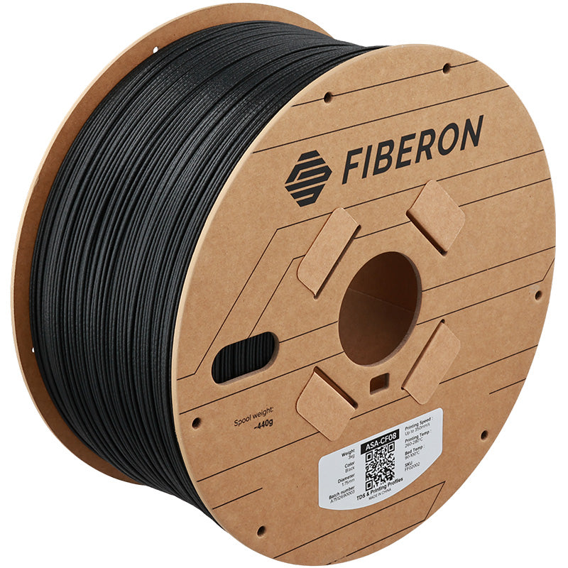 Spool of black filament on a cardboard reel with Fiberon branding.