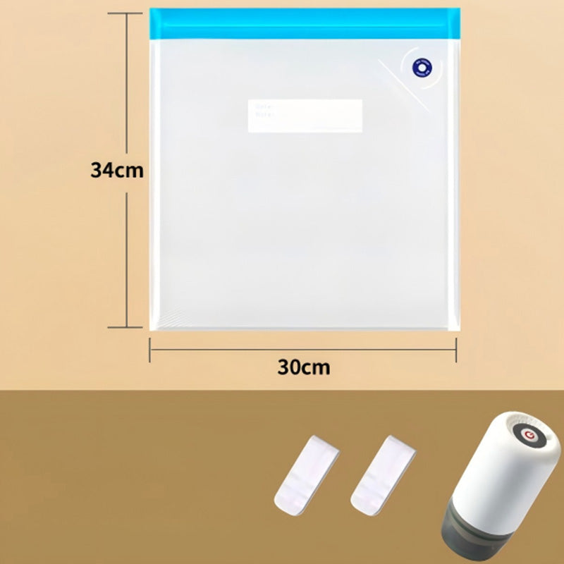 30cm x 34cm vacuum bag size diagram with sealing clips and electric pump
