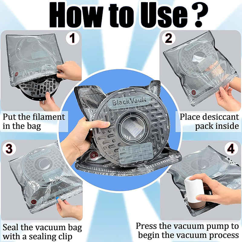 Step-by-step how to use guide showing spool insertion, desiccant placement, clip sealing, and vacuum pumping