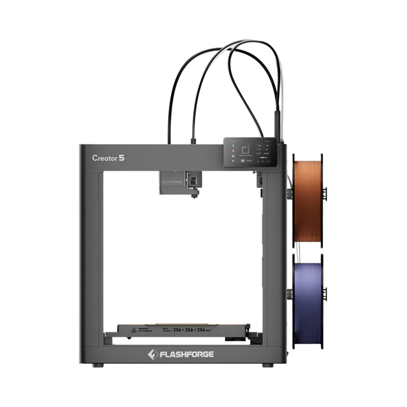 Flashforge Creator 5 side view with two filament spools loaded, 256×256×256 mm build volume
