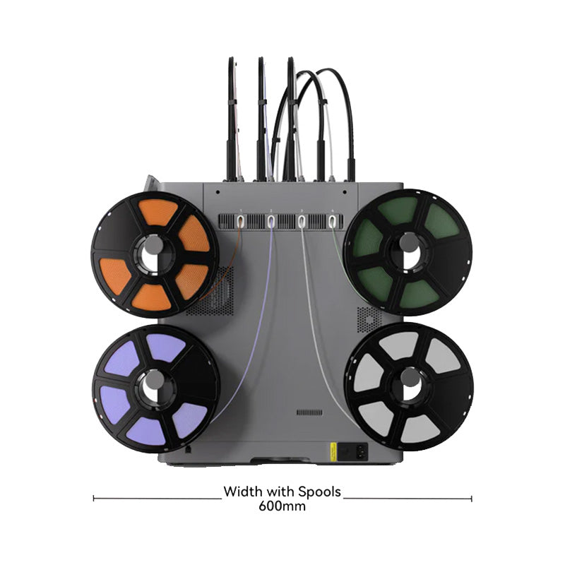 Flashforge Creator 5 rear view showing 4 independent filament spools, 600mm total width with spools
