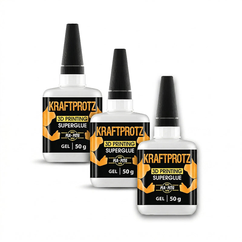 Three 50g bottles of Kraftprotz 3D Printing Superglue Gel on a clean white background with infographic icons highlighting universal material support for PLA, PETG, TPU, and ABS, 10-second rapid cure time, and a zero-clog easy flow nozzle.