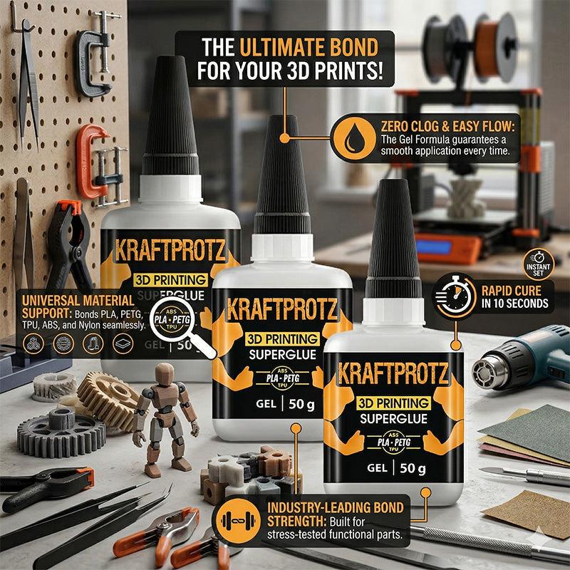 Professional maker's workshop scene featuring a bundle of three Kraftprotz 3D Printing Superglue bottles. The glue is positioned on a workbench alongside 3D printed gears, a heat gun, pliers, and a 3D printer in the background, demonstrating its use in post-processing.