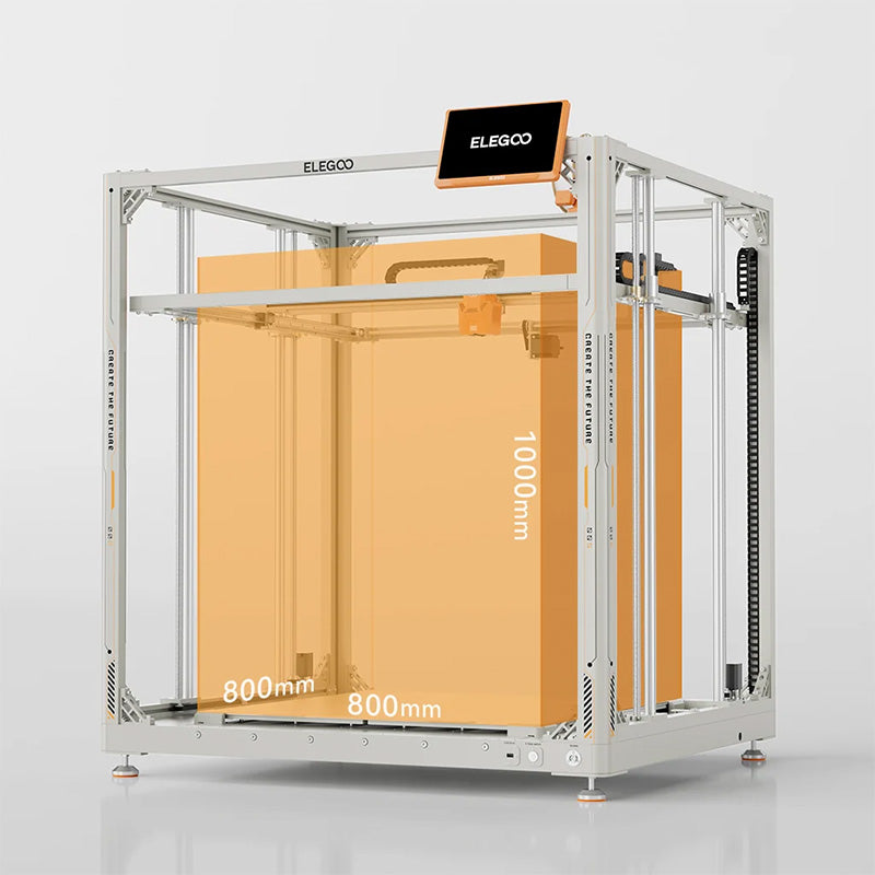 Orange graphic overlay illustrating the massive 800x800x1000mm maximum build volume inside the ELEGOO OrangeStorm Giga printer.