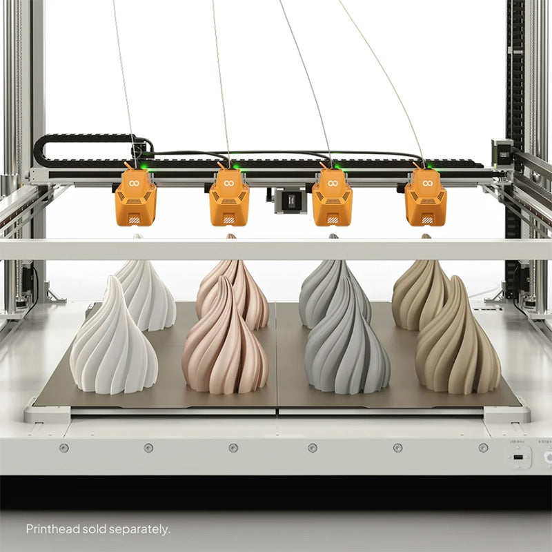 ELEGOO OrangeStorm Giga multi-nozzle printhead setup printing four identical complex spiral models simultaneously in parallel.