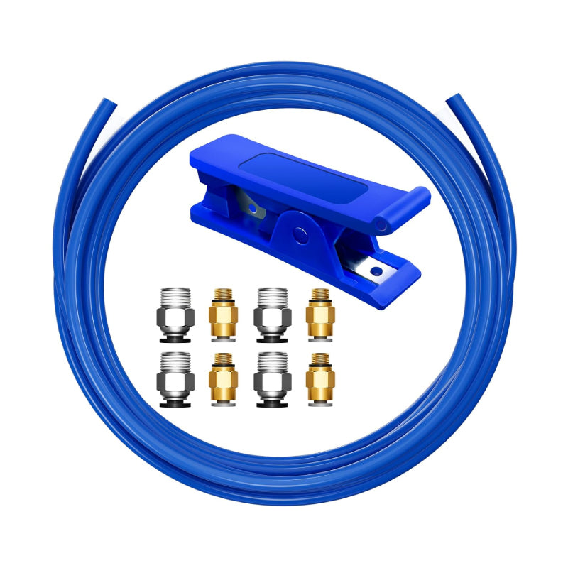 Blue PTFE Teflon tubing coil with pneumatic connectors and precision tube cutter