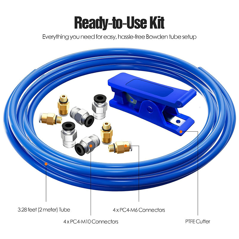Ready to use kit showing blue PTFE tube, brass PC4-M6 fittings, stainless PC4-M10 fittings, and pipe cutter