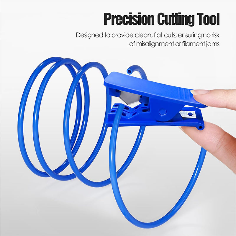 Blue precision tube cutting tool making a straight clean cut on PTFE Teflon tubing